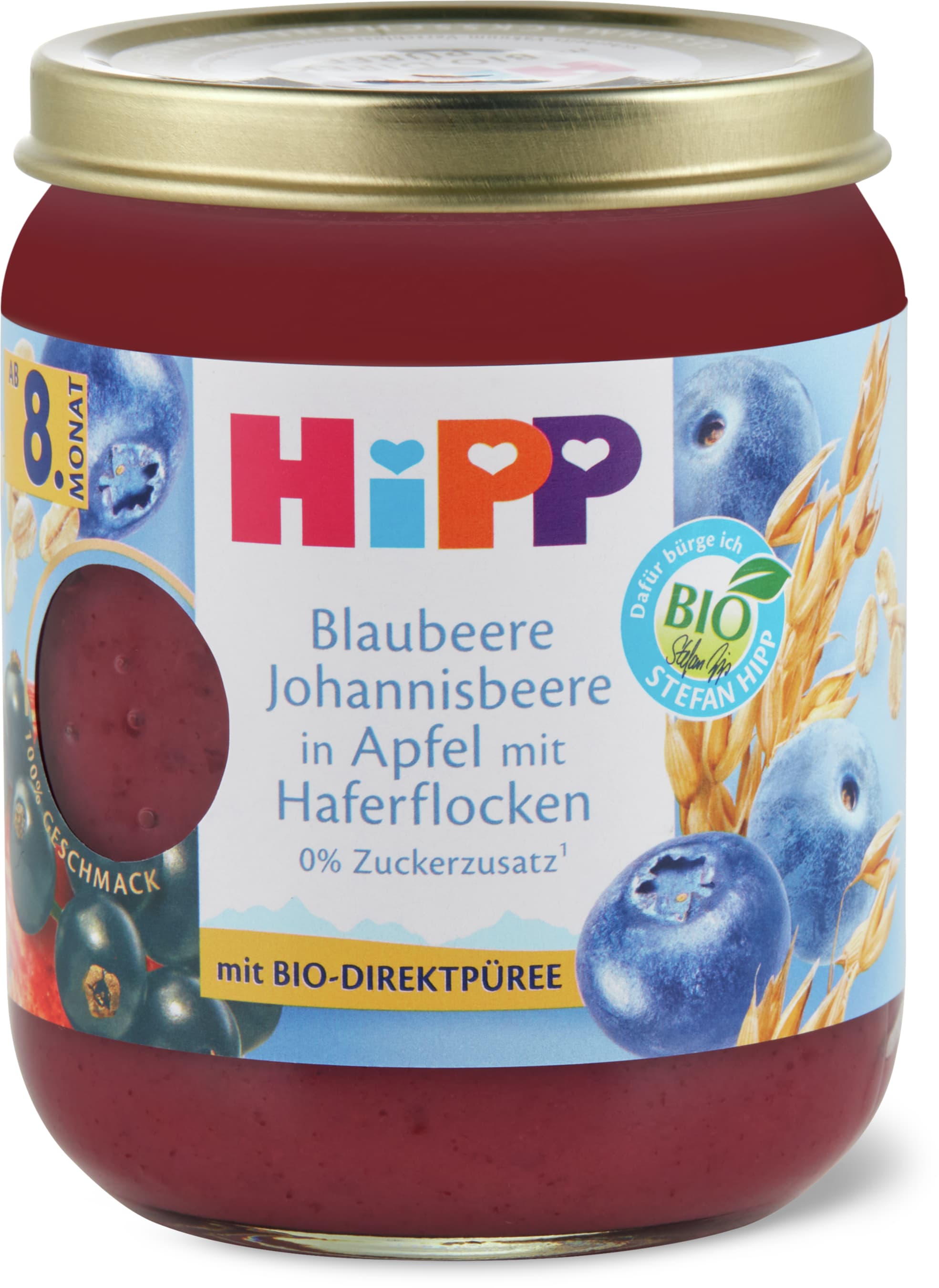 Hipp Blaubeere, Johannisbeere in Apfel mit Haferflocken Brei 160g